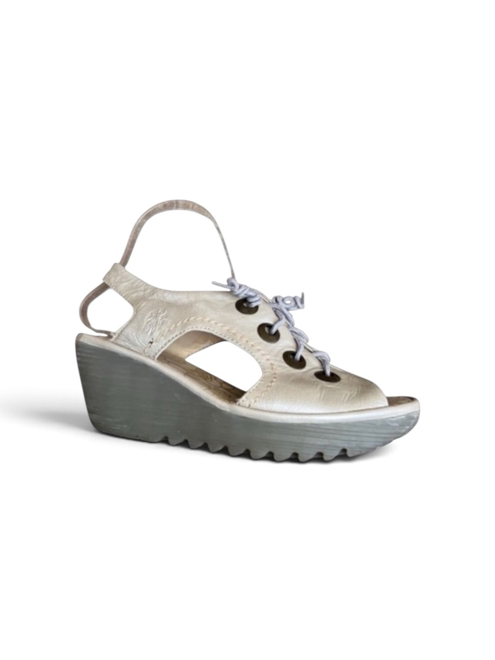 Fly London Ylfa Wedge Sandal Light Beige Metallic Sz 38